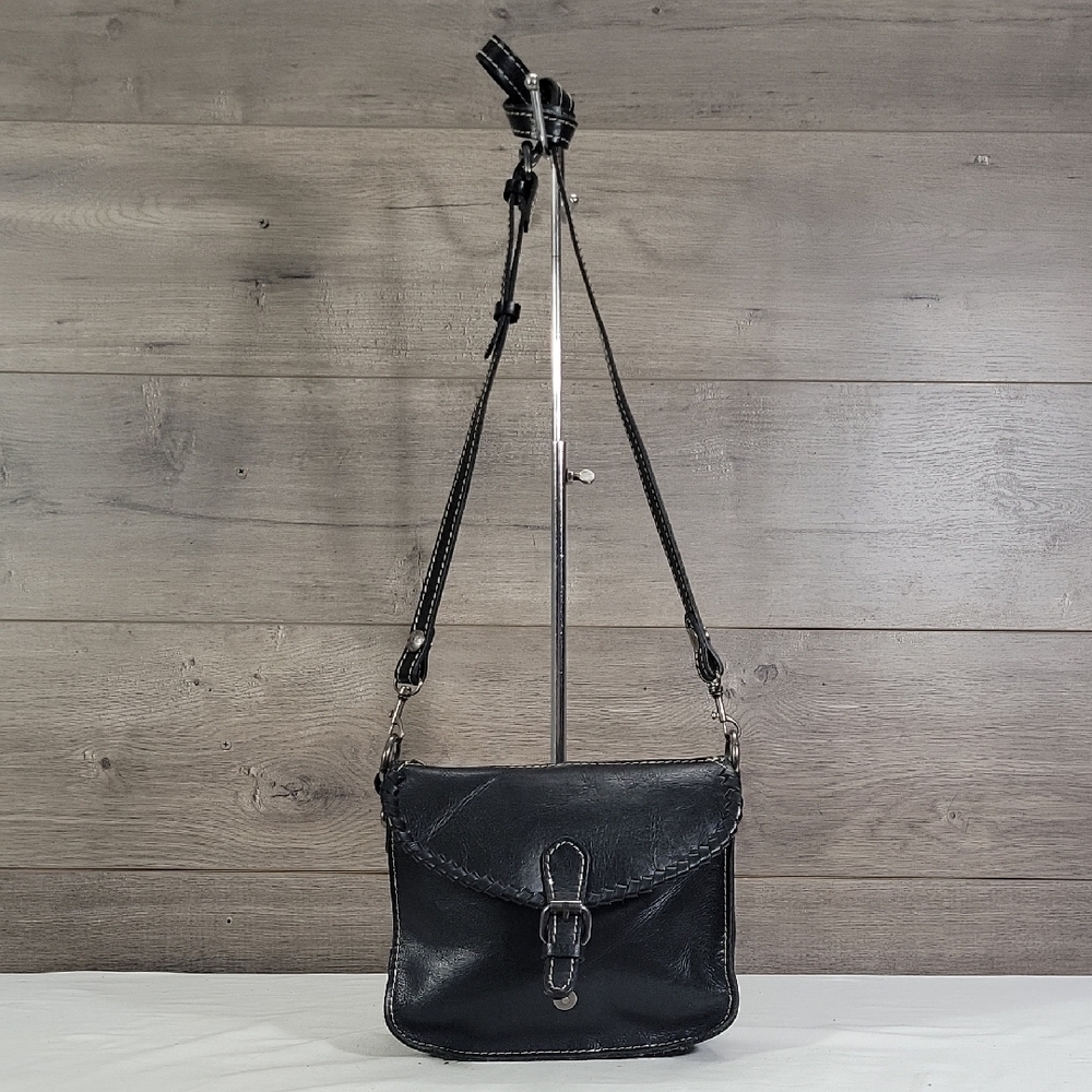 Patricia Nash Dark Navy Blue Leather Crossbody Bag with Buckle Front